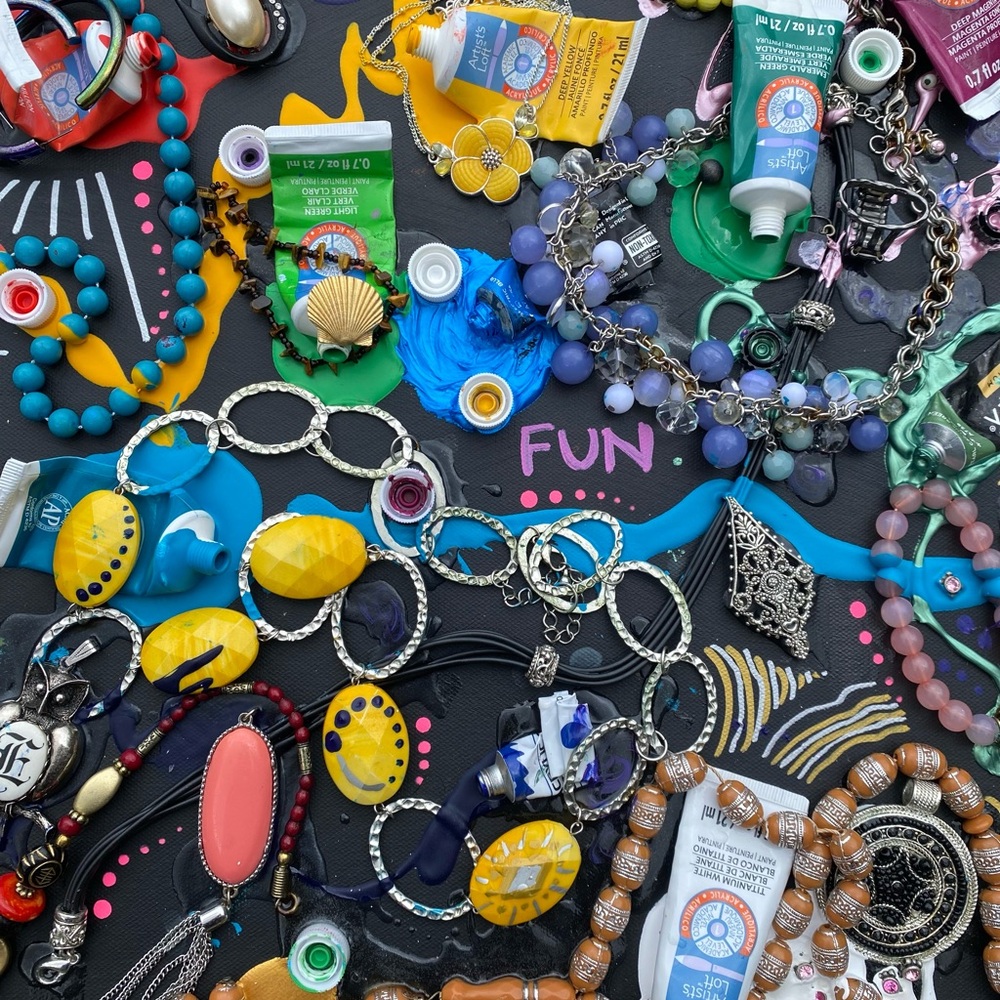 “Release & Rebirth” Colorful Original Artwork - acrylic + jewelry on canvas - Picture 3 of 11